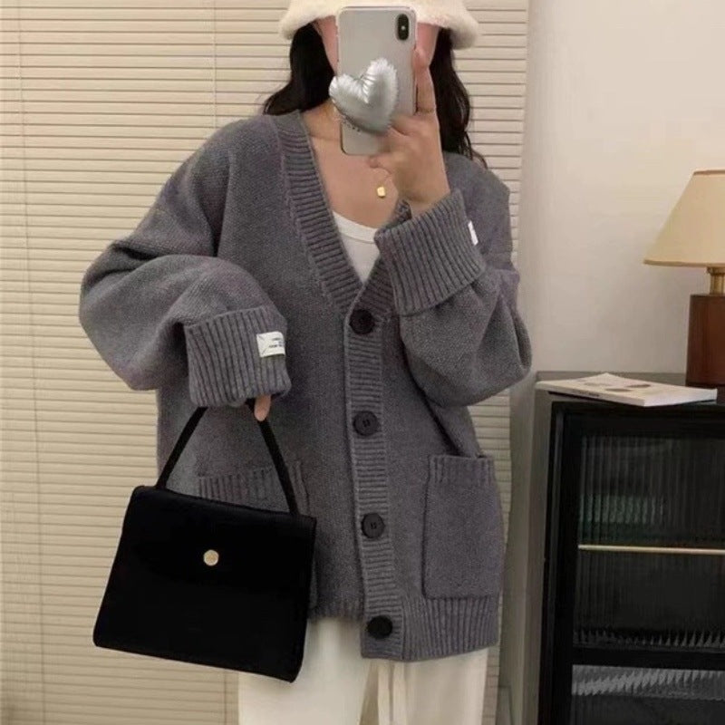 Autumn and Winter New Retro Knitted Cardigan for Women Korean Style Loose Slimming Rolled Edge Sleeves Patch Pocket Soft Sweater Jacket