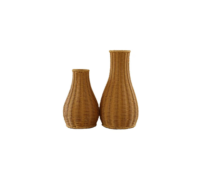 Rustic Hand-Woven Vintage Imitation Rattan Decorative Striped Plastic Horn-Shaped Flower Vase for Indoor and Balcony - No Electr