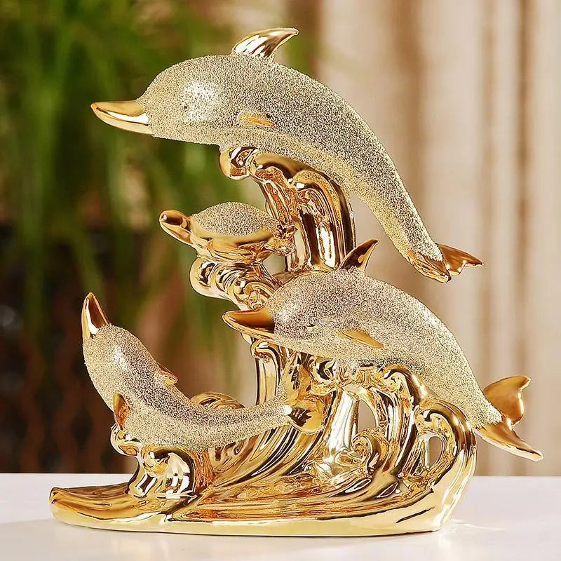 Golden Ceramic Dolphin Figurine - Luxury Home Decor Sculpture