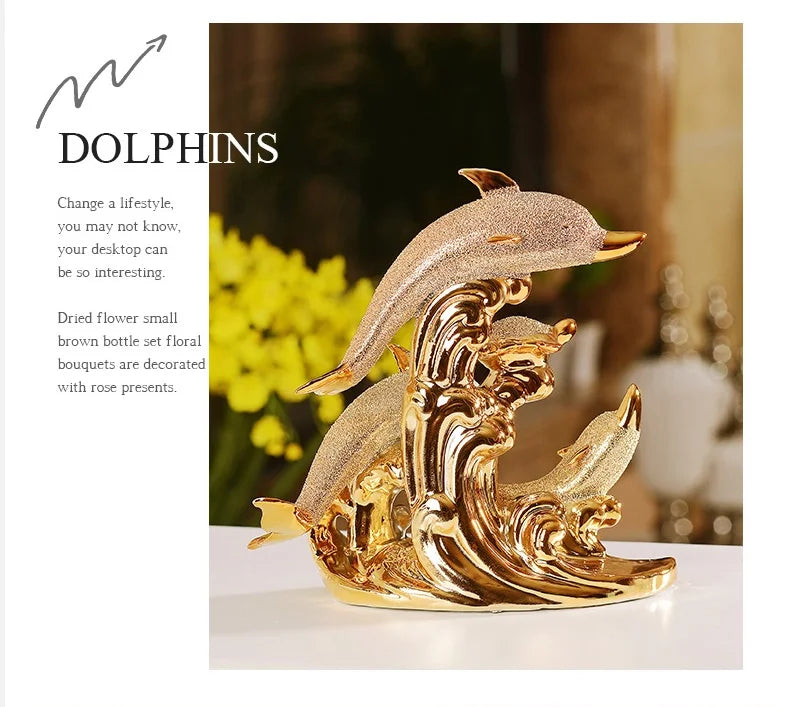Golden Ceramic Dolphin Figurine - Luxury Home Decor Sculpture