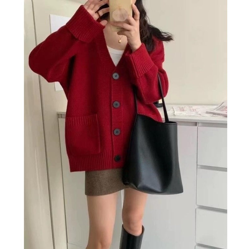 Autumn and Winter New Retro Knitted Cardigan for Women Korean Style Loose Slimming Rolled Edge Sleeves Patch Pocket Soft Sweater Jacket