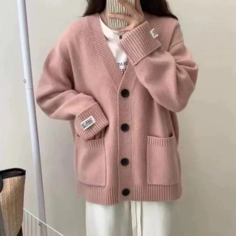 Autumn and Winter New Retro Knitted Cardigan for Women Korean Style Loose Slimming Rolled Edge Sleeves Patch Pocket Soft Sweater Jacket
