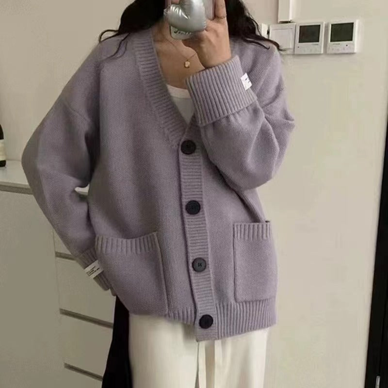 Autumn and Winter New Retro Knitted Cardigan for Women Korean Style Loose Slimming Rolled Edge Sleeves Patch Pocket Soft Sweater Jacket
