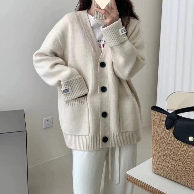 Autumn and Winter New Retro Knitted Cardigan for Women Korean Style Loose Slimming Rolled Edge Sleeves Patch Pocket Soft Sweater Jacket