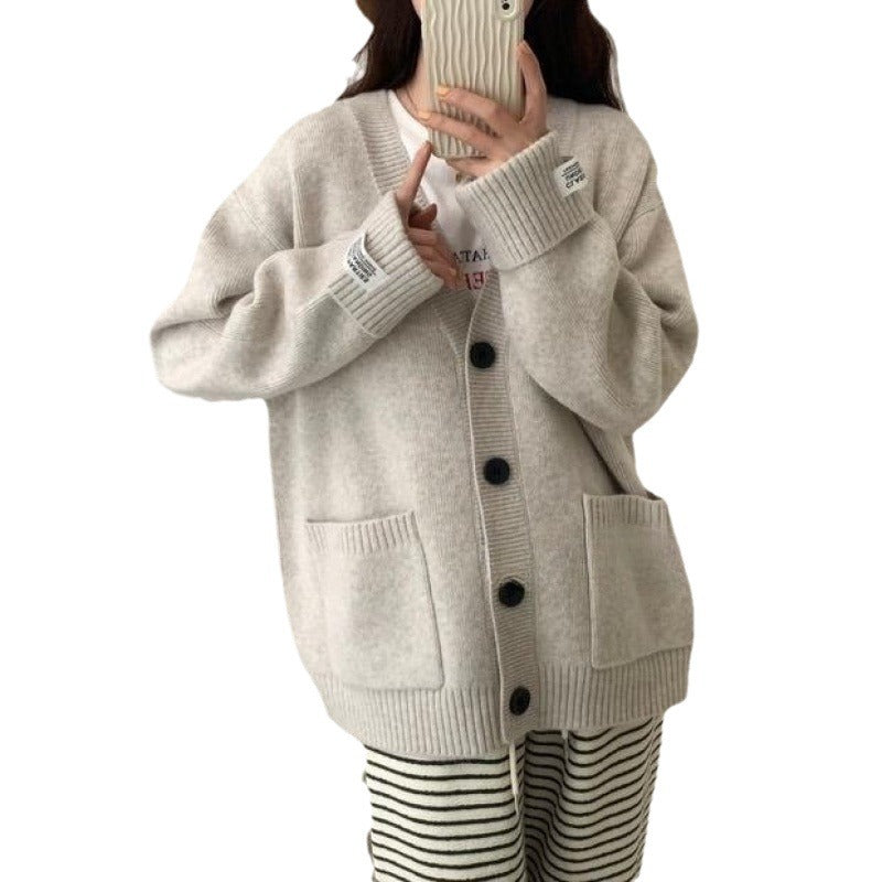 Autumn and Winter New Retro Knitted Cardigan for Women Korean Style Loose Slimming Rolled Edge Sleeves Patch Pocket Soft Sweater Jacket