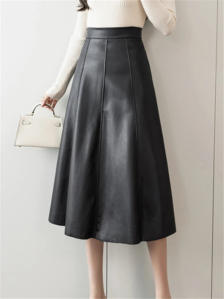 Seoulish Black Faux PU Leather Women's A-Line Skirts New Autumn Winter High Wasit Solid Chic Umbrella Office Skirts Female