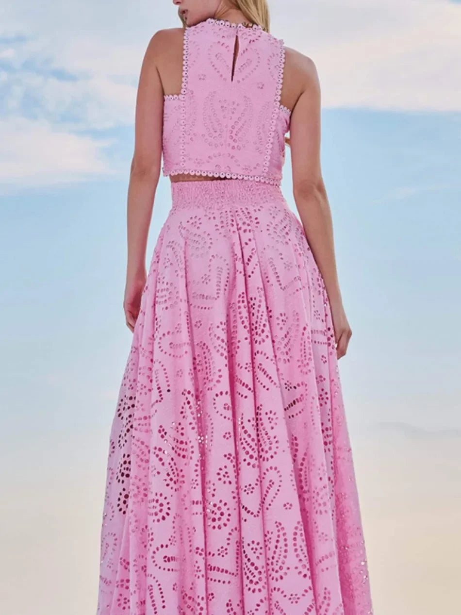 New in Spring Summer New Solid Color Round Neck Sleeveless Long Dress Set INS Leisure Resort Loose Two-piece Set