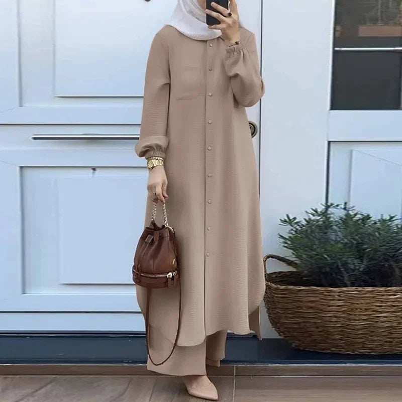 Fashionable Muslim Women's Floral Print Two-Piece Set Long Shirt Wide Leg Pants Spring Autumn Vintage Clothing Ensemble