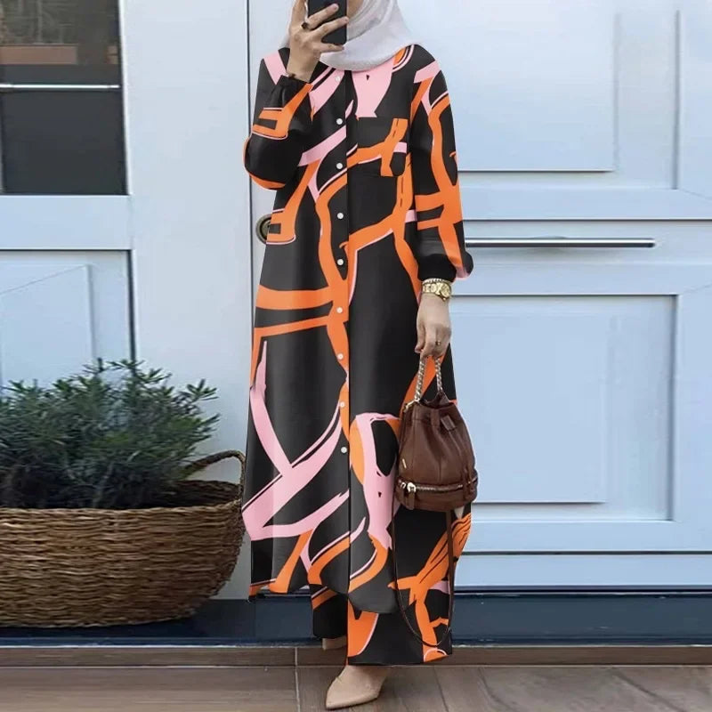 Fashionable Muslim Women's Floral Print Two-Piece Set Long Shirt Wide Leg Pants Spring Autumn Vintage Clothing Ensemble