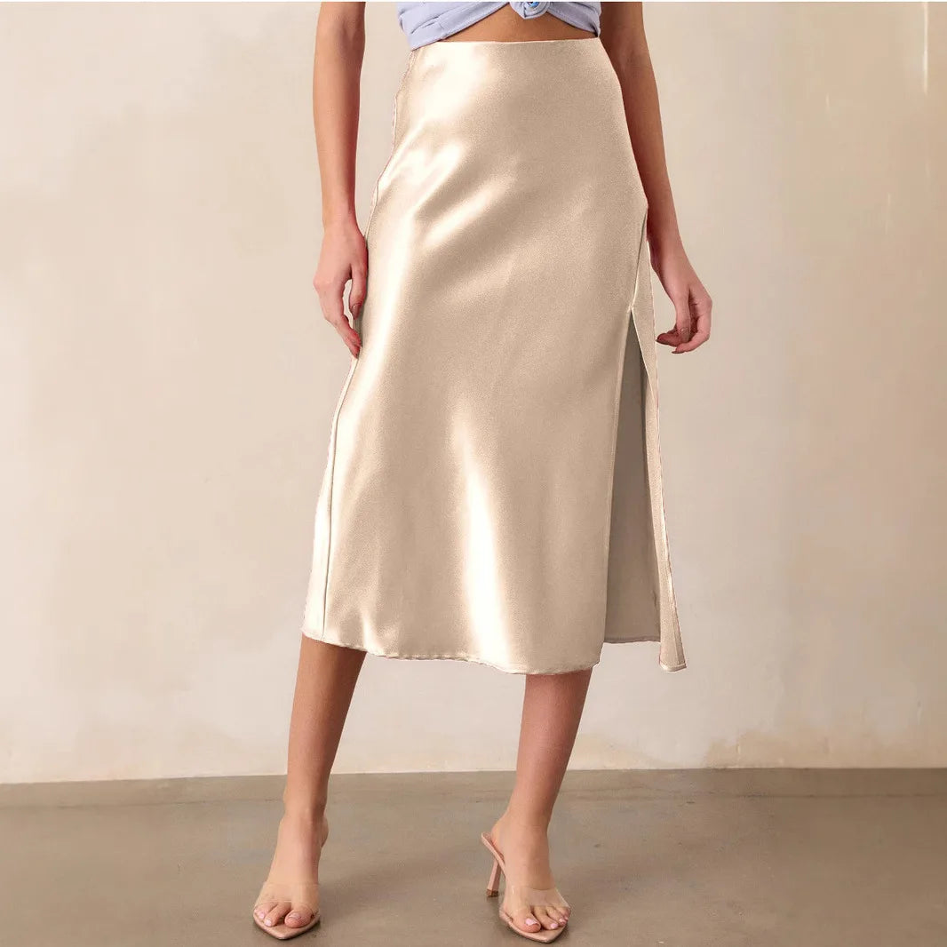 Women's Spring Summer Satin Skirt High Waisted Elegant Bodycon Split Open Office Lady Sexy Trendy Faldas