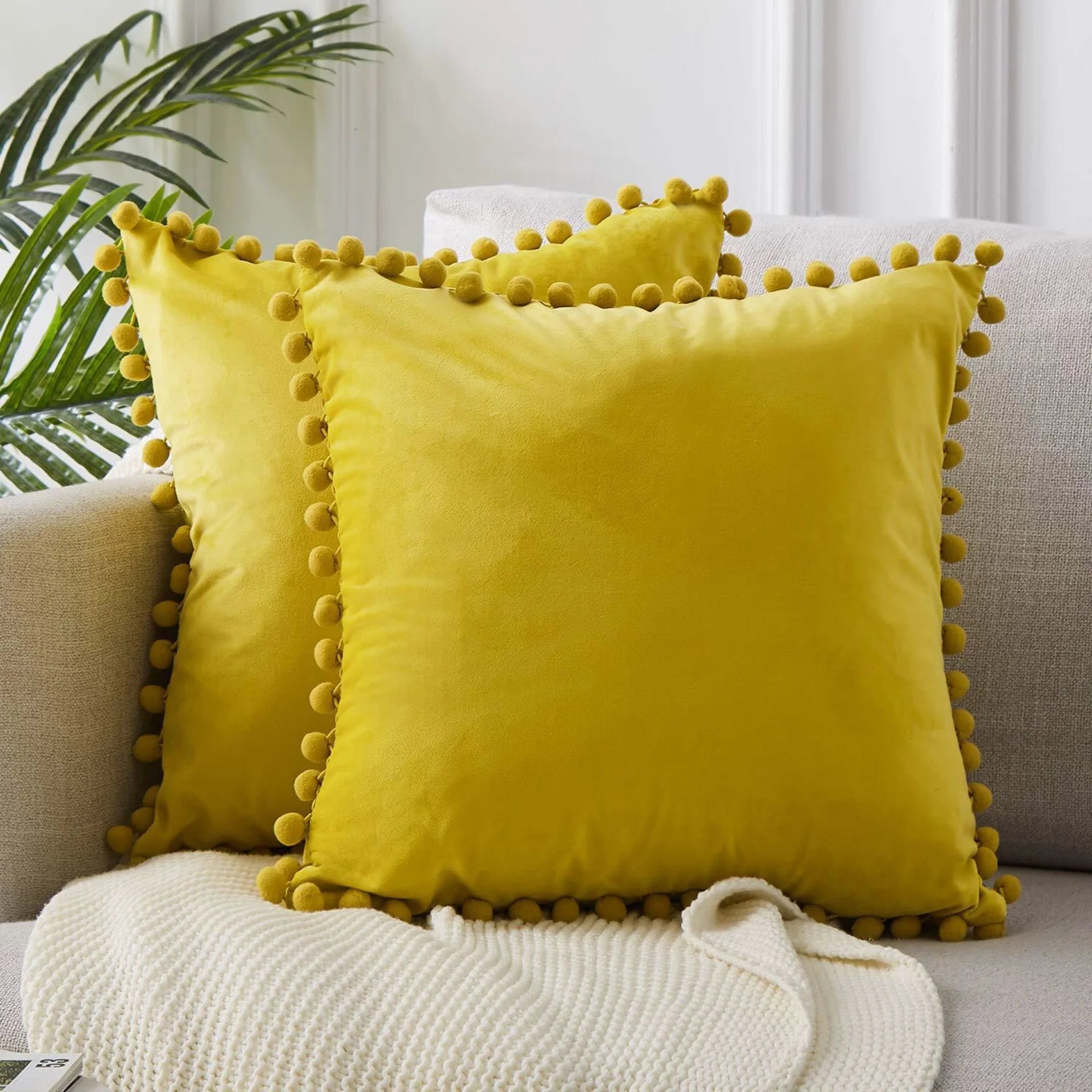 Luxury Velvet Decorative Pillow Cover with Pom Pom Trim - Soft Cushion Case
