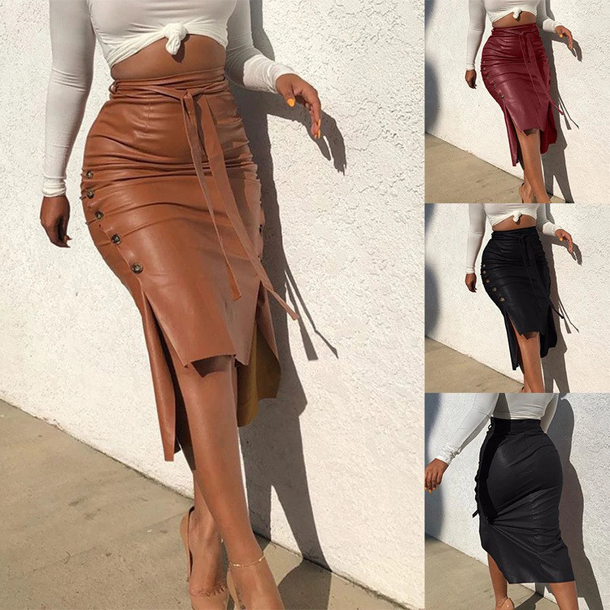 Mode Nieuwe Vrouwen Faux Leather Midi Rok Hoge Taille Knop Trim Slim Effen Kleur Spleet Bodycon Potlood Rok Met Riem