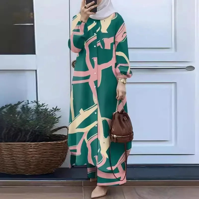 Fashionable Muslim Women's Floral Print Two-Piece Set Long Shirt Wide Leg Pants Spring Autumn Vintage Clothing Ensemble