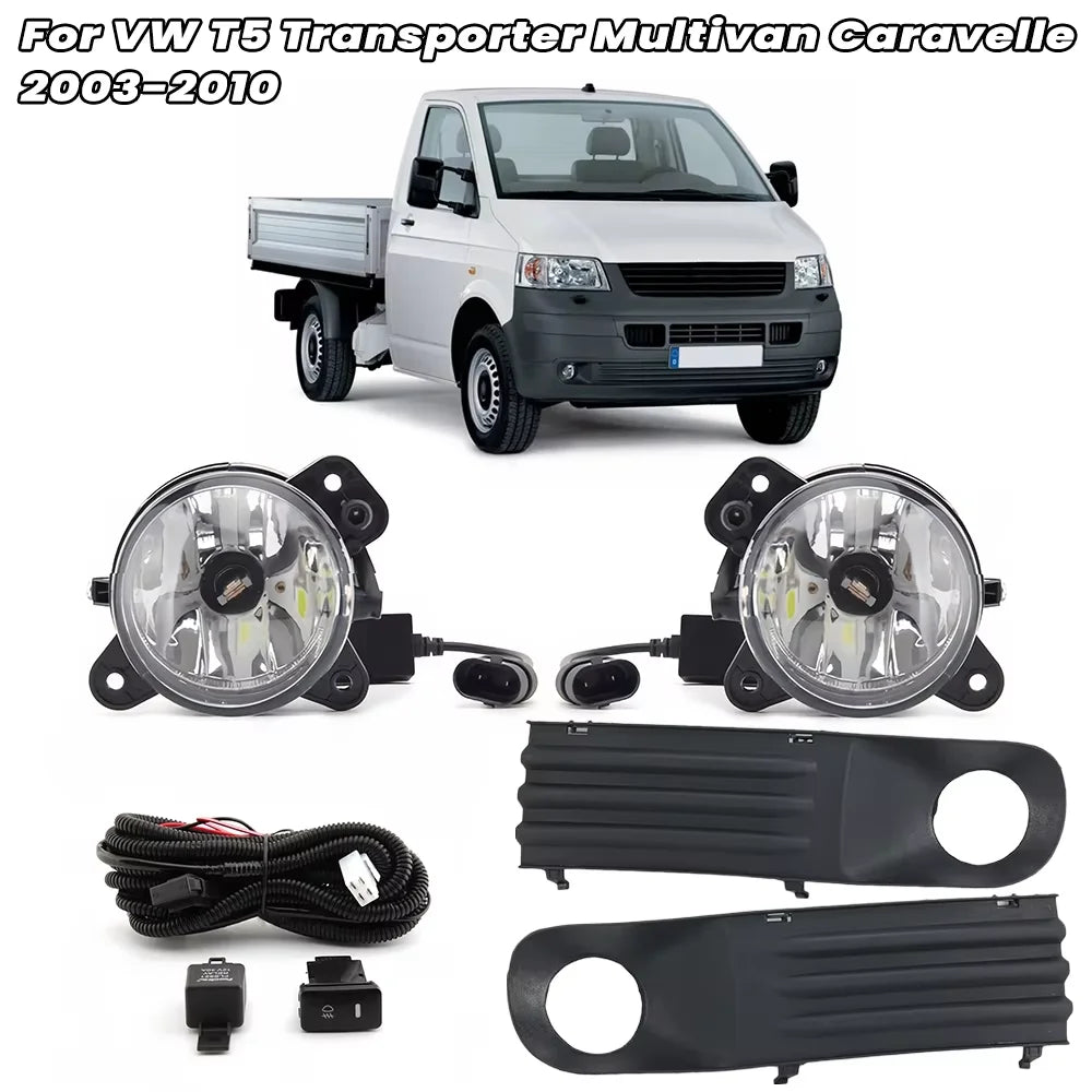 Fog Lights LED for VW T5 Transporter Multivan Caravelle 2003-2010 Gray Fog Lamp Cover Grill Wire Harness Switch Kit Accessories