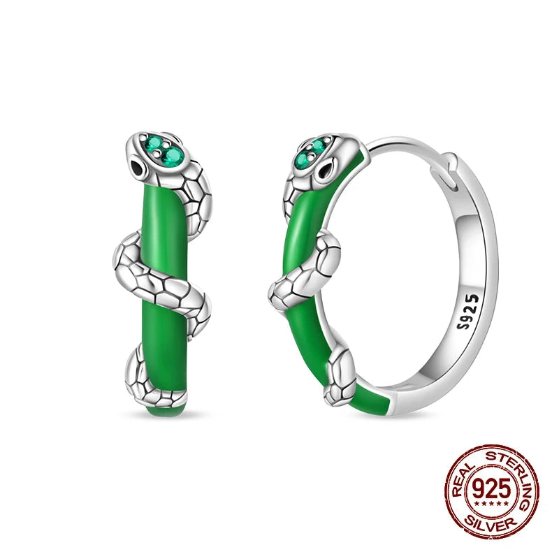 925 Sterling Silver Snake Hoop Earrings - Green Serpentine Gemstone Jewelry