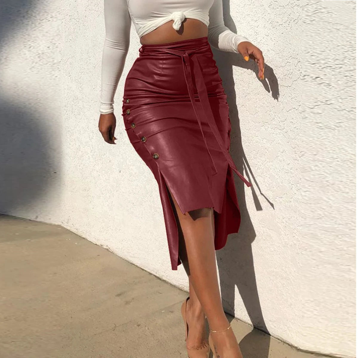 Mode Nieuwe Vrouwen Faux Leather Midi Rok Hoge Taille Knop Trim Slim Effen Kleur Spleet Bodycon Potlood Rok Met Riem