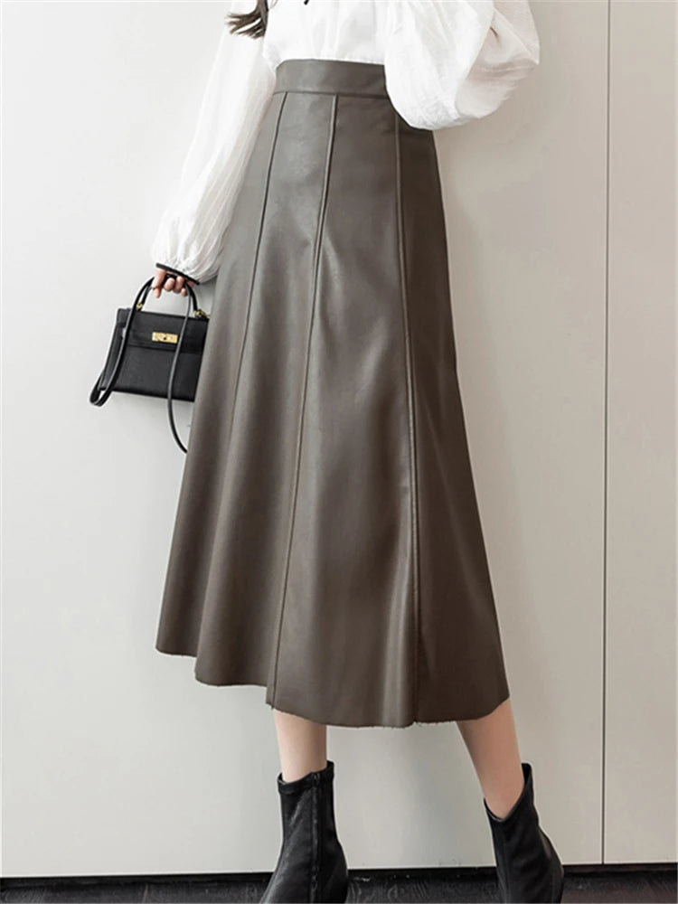 Seoulish Black Faux PU Leather Women's A-Line Skirts New Autumn Winter High Wasit Solid Chic Umbrella Office Skirts Female