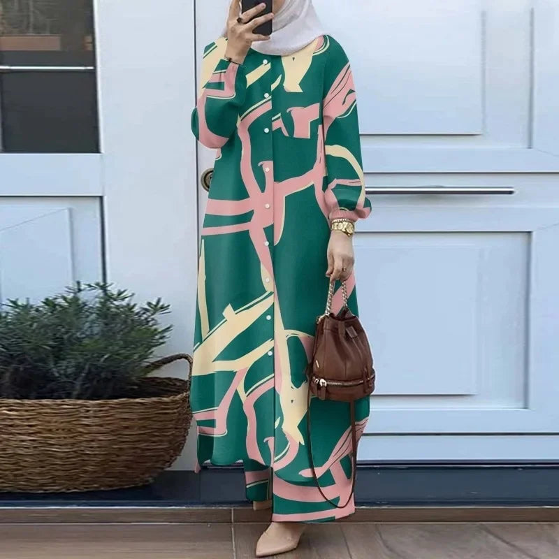 Fashionable Muslim Women's Floral Print Two-Piece Set Long Shirt Wide Leg Pants Spring Autumn Vintage Clothing Ensemble