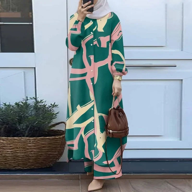 Fashionable Muslim Women's Floral Print Two-Piece Set Long Shirt Wide Leg Pants Spring Autumn Vintage Clothing Ensemble