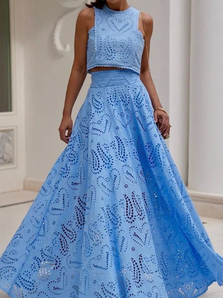 New in Spring Summer New Solid Color Round Neck Sleeveless Long Dress Set INS Leisure Resort Loose Two-piece Set