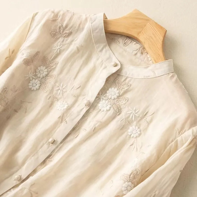 Embroidered Ramie Cotton Linen Loose Women's Shirt 2023 Spring Summer Blouse Shirt Casual Vintage