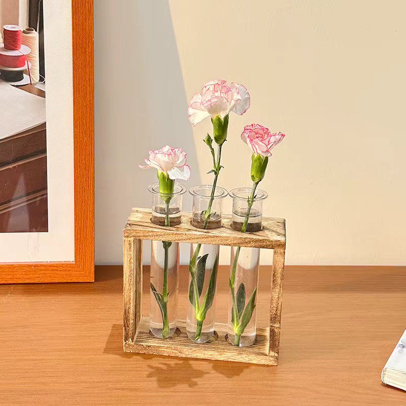 Plant Test Tube Hydroponic Vase Water-grown Flower Arrangement Plant Container Simple Wooden Frame Decors Creative Glass Vases