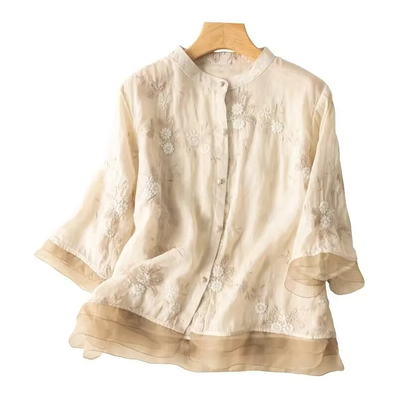 Embroidered Ramie Cotton Linen Loose Women's Shirt 2023 Spring Summer Blouse Shirt Casual Vintage