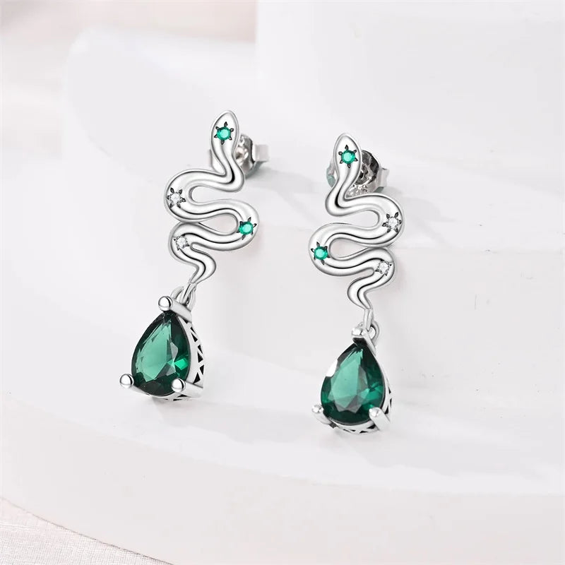 925 Sterling Silver Snake Hoop Earrings - Green Serpentine Gemstone Jewelry