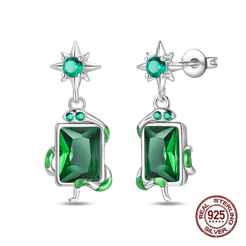 925 Sterling Silver Snake Hoop Earrings - Green Serpentine Gemstone Jewelry