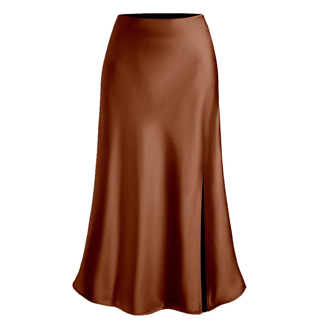 Women's Spring Summer Satin Skirt High Waisted Elegant Bodycon Split Open Office Lady Sexy Trendy Faldas
