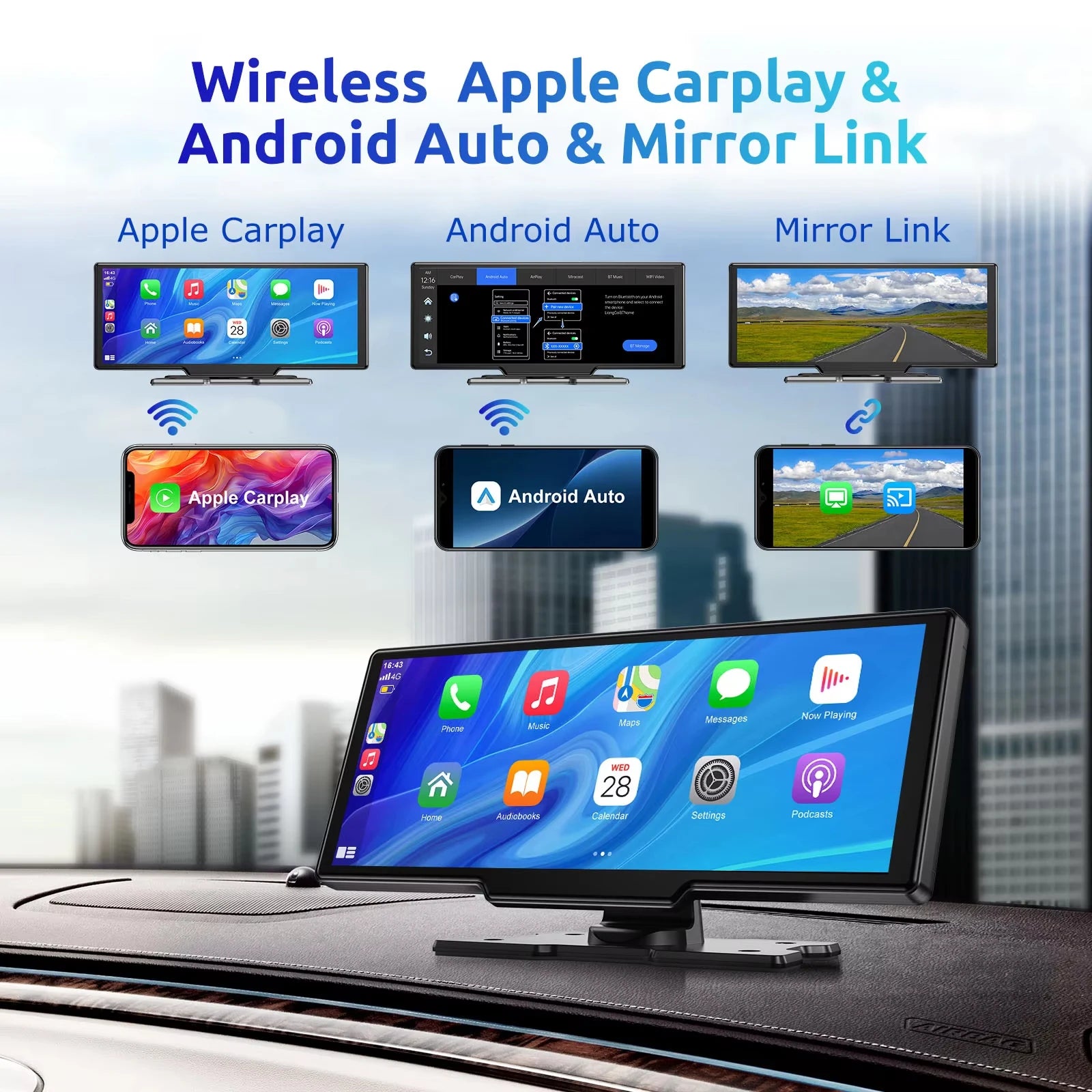 ESSGOO 10.26" 4K HD Dash Cam IPS Touchscreen Car Stereo Rearview Wireless Carplay Android Auto Dual Len Recorder W /64G TF Card