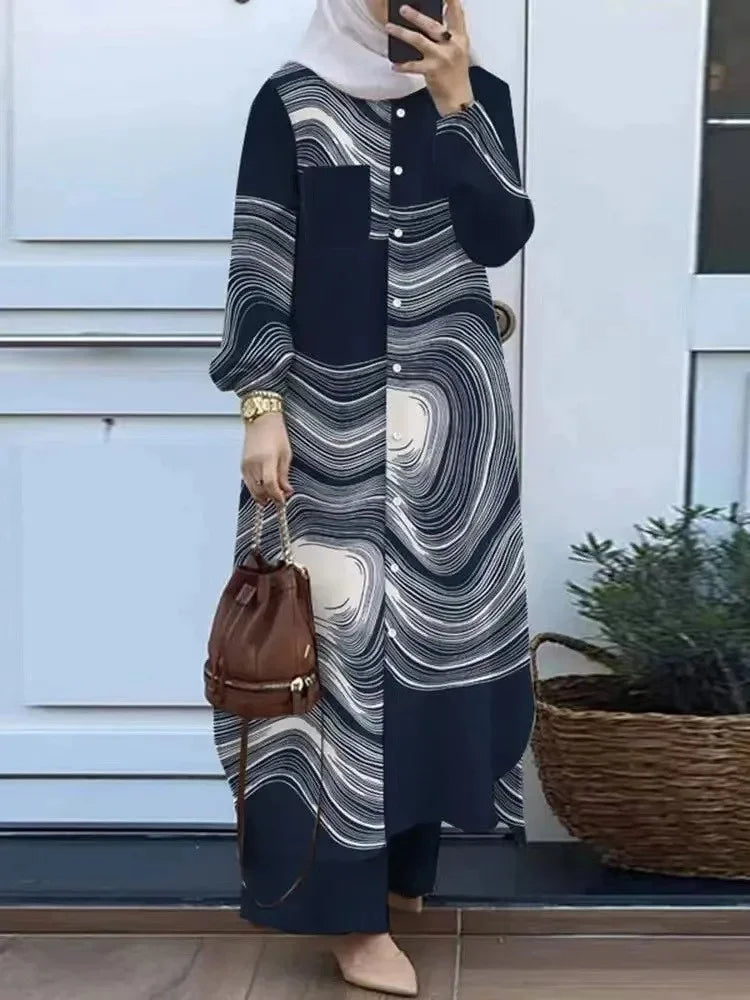 Fashionable Muslim Women's Floral Print Two-Piece Set Long Shirt Wide Leg Pants Spring Autumn Vintage Clothing Ensemble