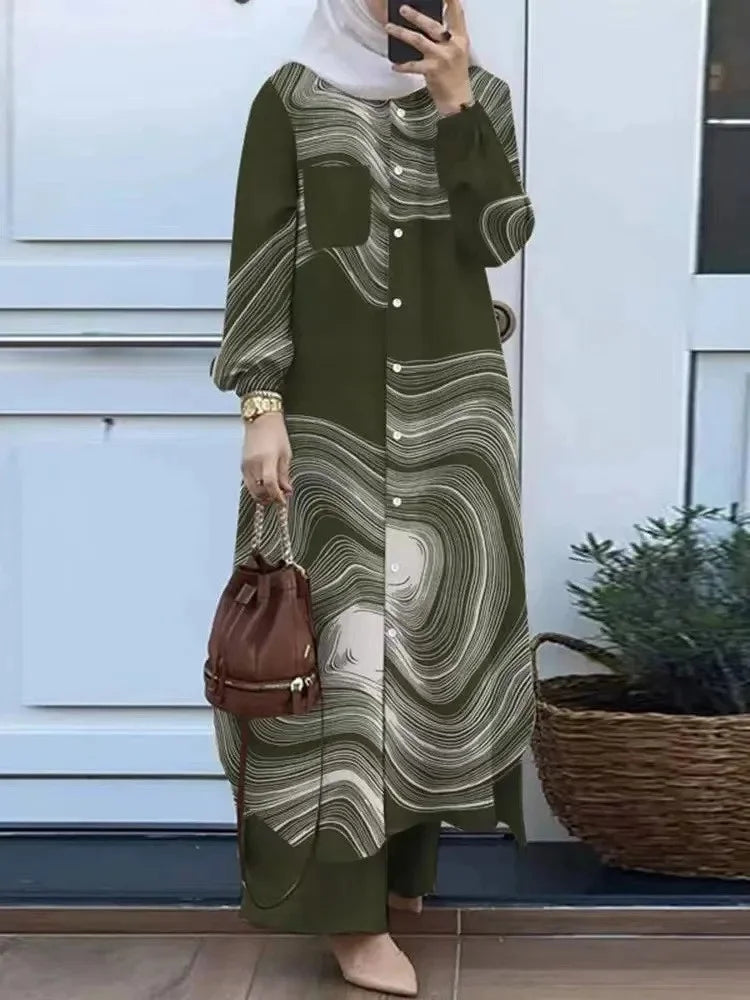 Fashionable Muslim Women's Floral Print Two-Piece Set Long Shirt Wide Leg Pants Spring Autumn Vintage Clothing Ensemble