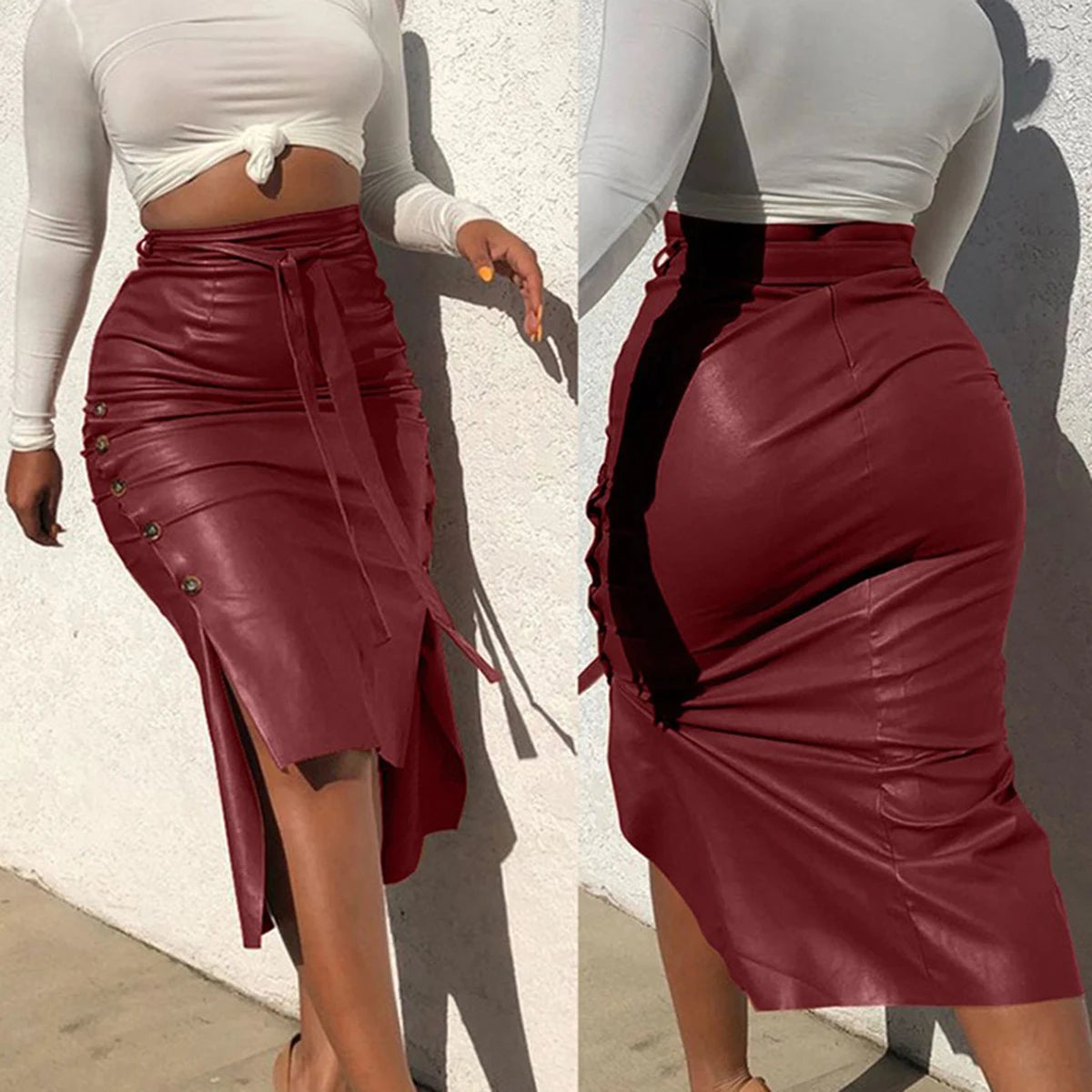 Mode Nieuwe Vrouwen Faux Leather Midi Rok Hoge Taille Knop Trim Slim Effen Kleur Spleet Bodycon Potlood Rok Met Riem