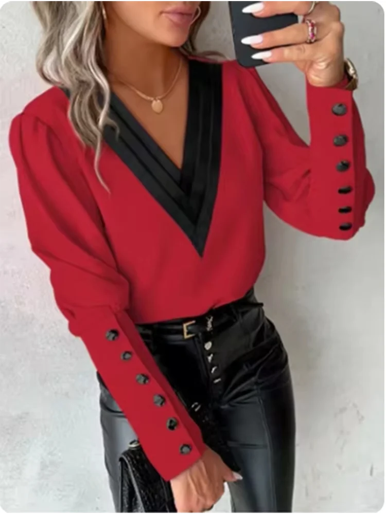 Women's V-Neck Long Sleeve T Shirt Color Block Button Up Blouse Elegant Autumn Spring Top