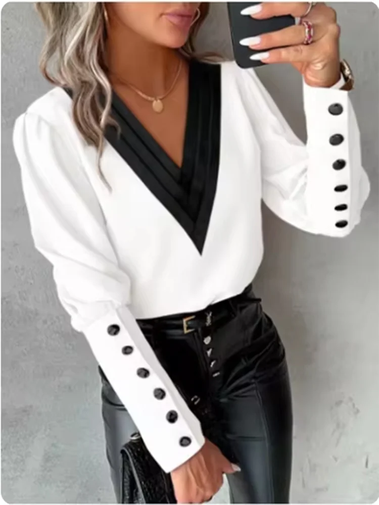 Women's V-Neck Long Sleeve T Shirt Color Block Button Up Blouse Elegant Autumn Spring Top