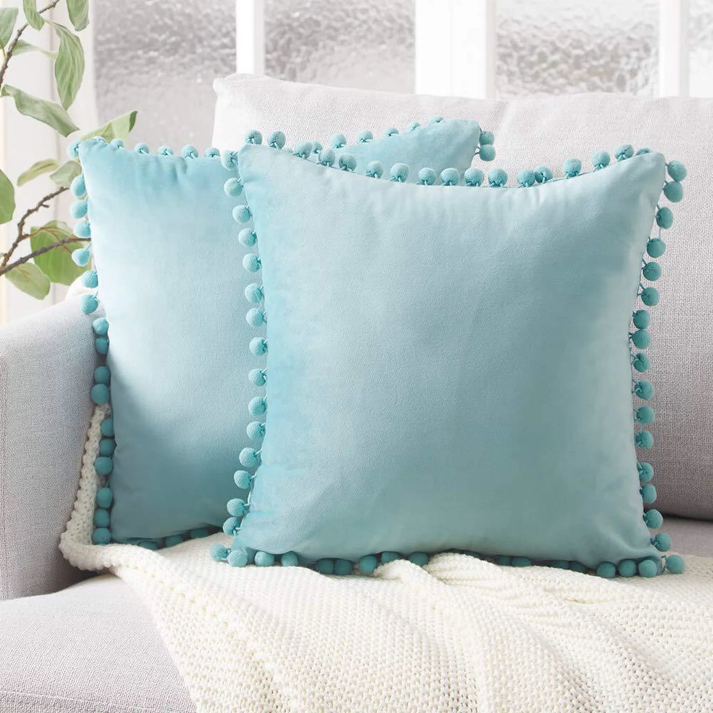 Luxury Velvet Decorative Pillow Cover with Pom Pom Trim - Soft Cushion Case