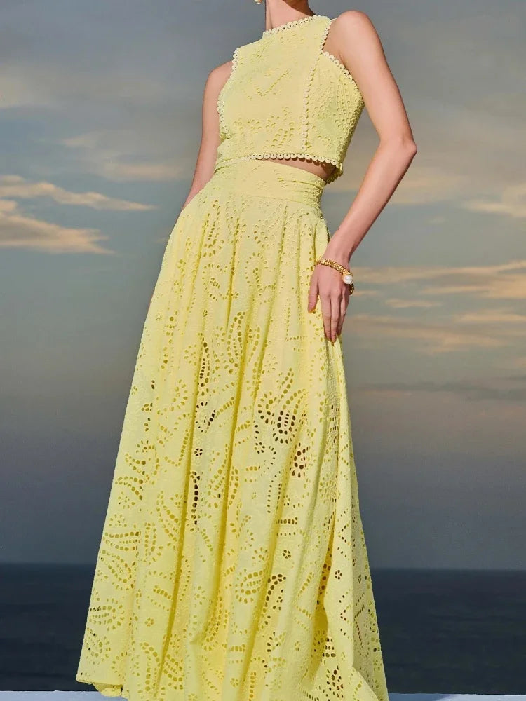New in Spring Summer New Solid Color Round Neck Sleeveless Long Dress Set INS Leisure Resort Loose Two-piece Set