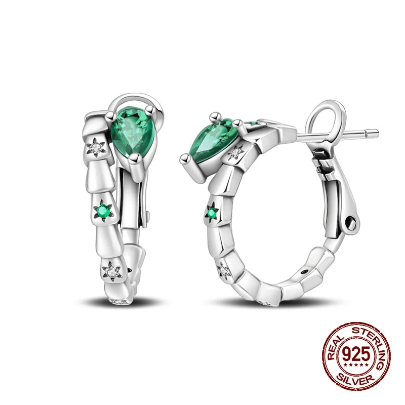 925 Sterling Silver Snake Hoop Earrings - Green Serpentine Gemstone Jewelry