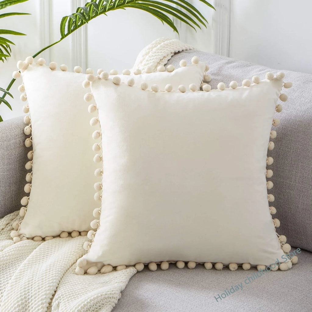 Luxury Velvet Decorative Pillow Cover with Pom Pom Trim - Soft Cushion Case