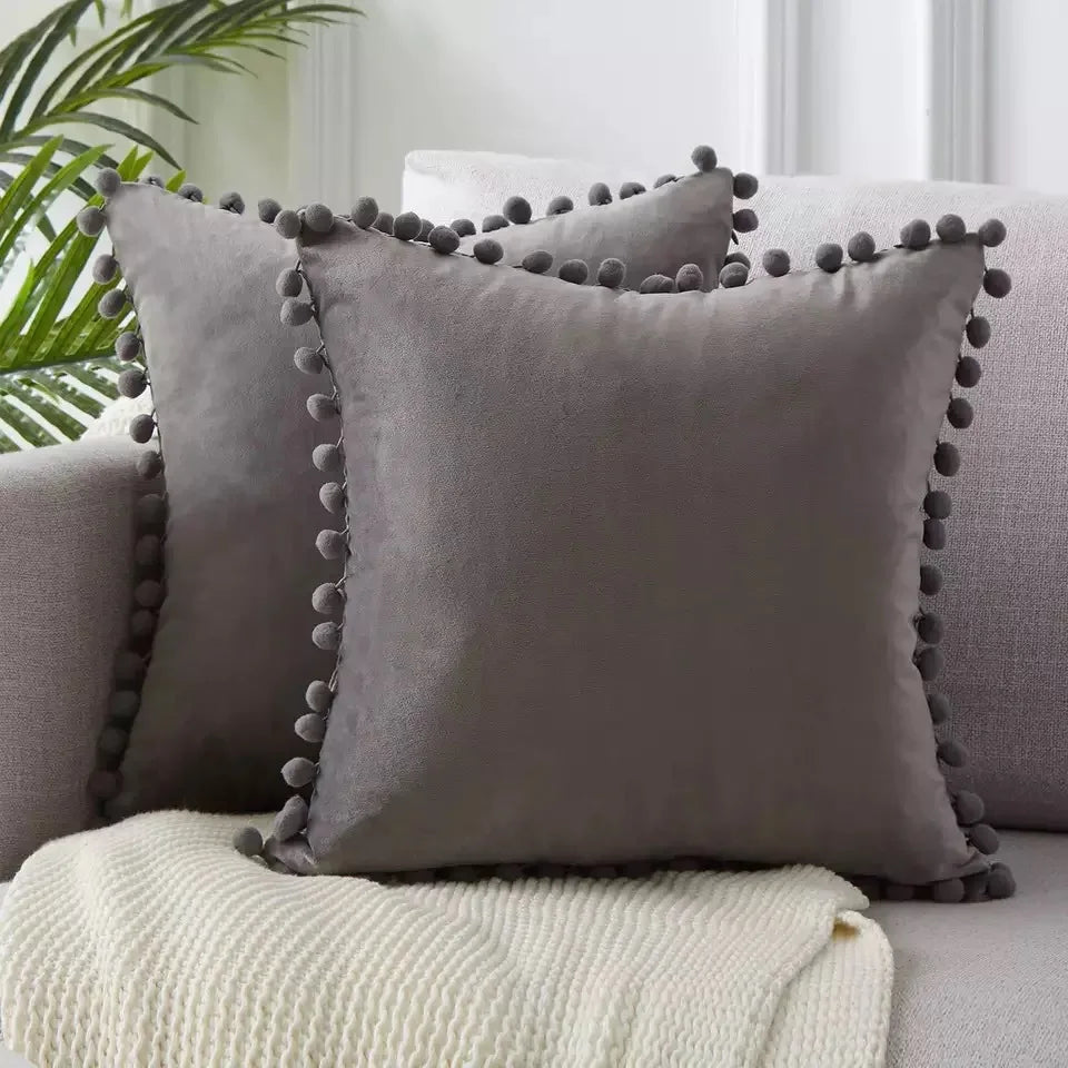 Luxury Velvet Decorative Pillow Cover with Pom Pom Trim - Soft Cushion Case