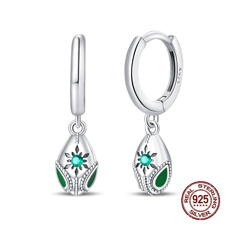 925 Sterling Silver Snake Hoop Earrings - Green Serpentine Gemstone Jewelry