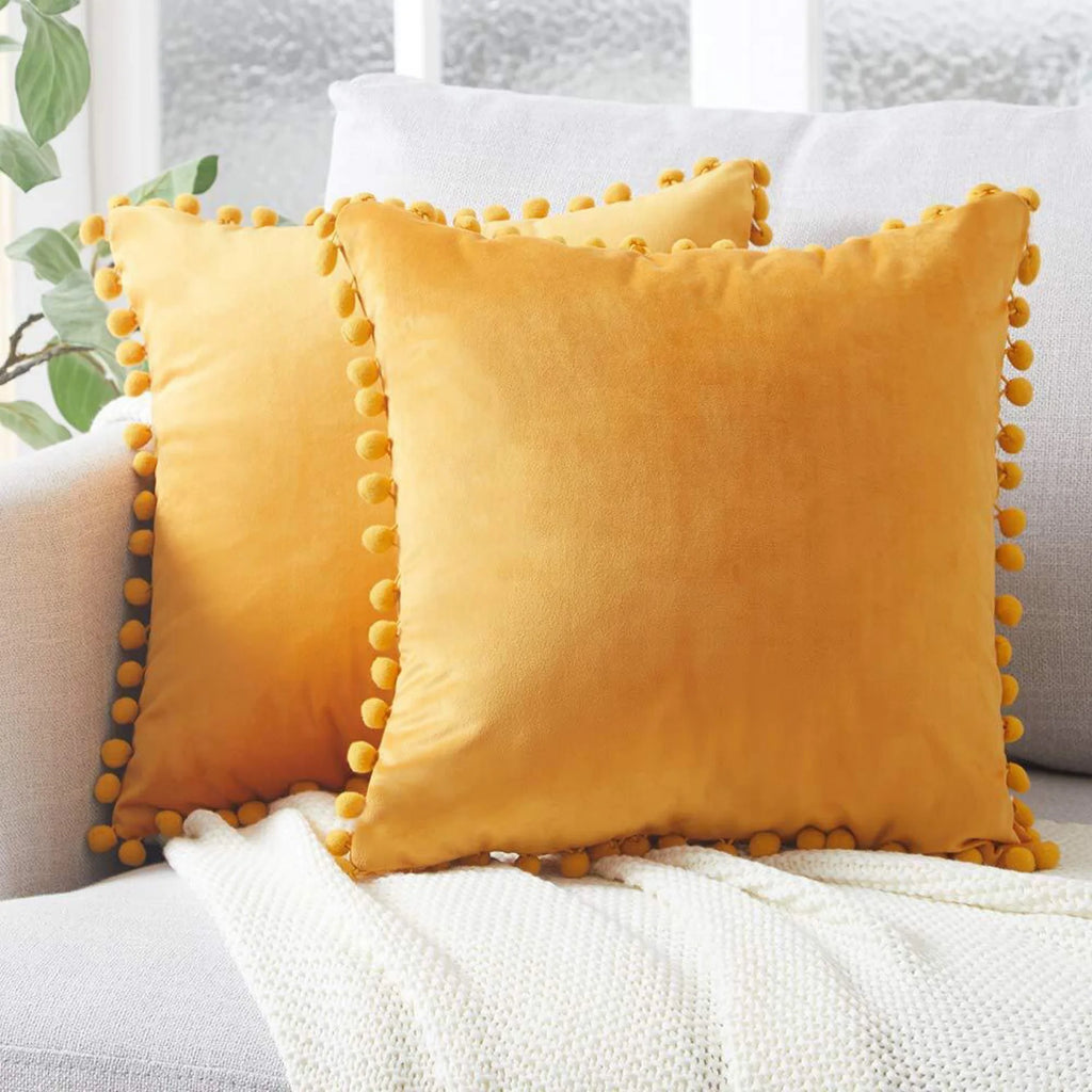 Luxury Velvet Decorative Pillow Cover with Pom Pom Trim - Soft Cushion Case