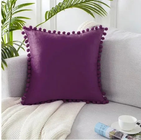 Luxury Velvet Decorative Pillow Cover with Pom Pom Trim - Soft Cushion Case