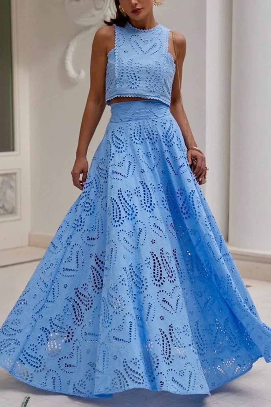 New in Spring Summer New Solid Color Round Neck Sleeveless Long Dress Set INS Leisure Resort Loose Two-piece Set