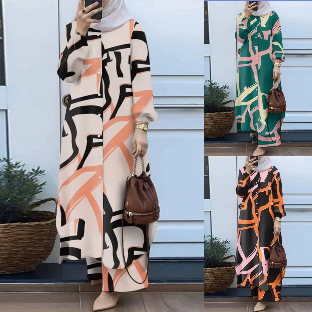 Fashionable Muslim Women's Floral Print Two-Piece Set Long Shirt Wide Leg Pants Spring Autumn Vintage Clothing Ensemble