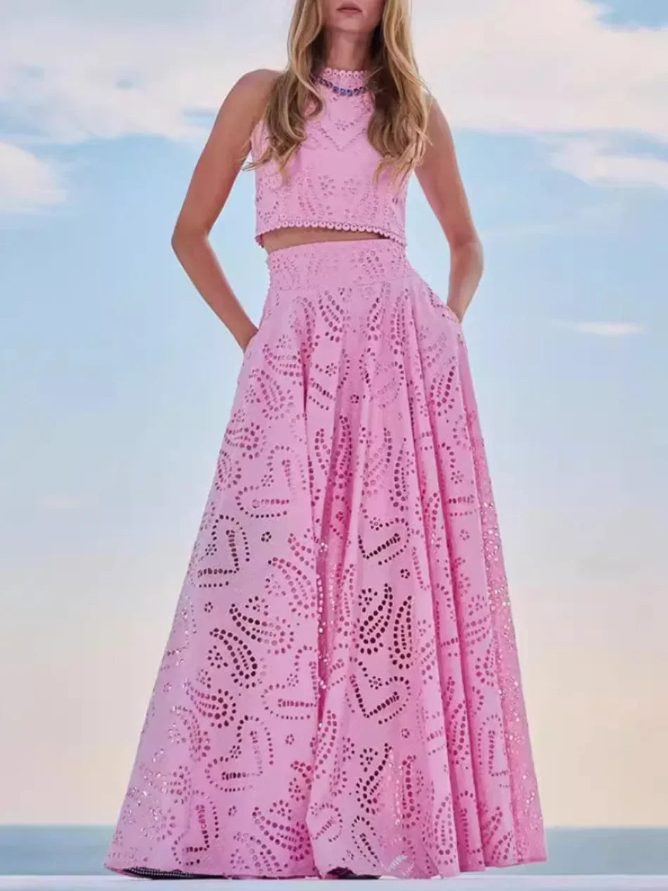 New in Spring Summer New Solid Color Round Neck Sleeveless Long Dress Set INS Leisure Resort Loose Two-piece Set