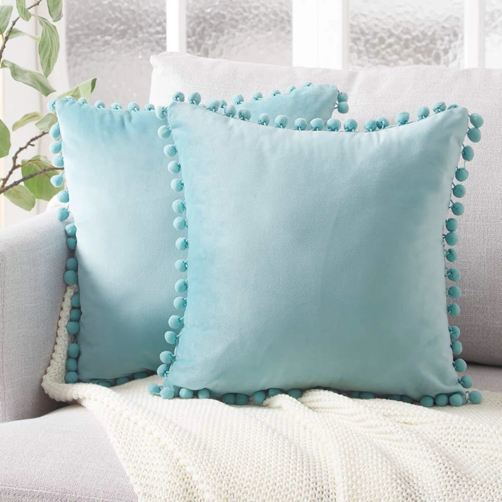 Luxury Velvet Decorative Pillow Cover with Pom Pom Trim - Soft Cushion Case
