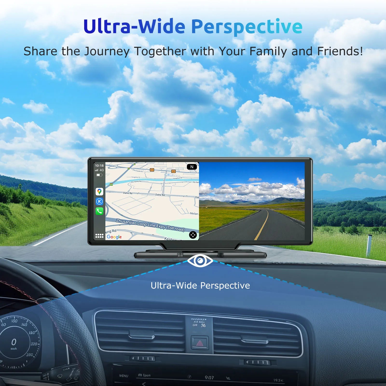 ESSGOO 10.26" 4K HD Dash Cam IPS Touchscreen Car Stereo Rearview Wireless Carplay Android Auto Dual Len Recorder W /64G TF Card