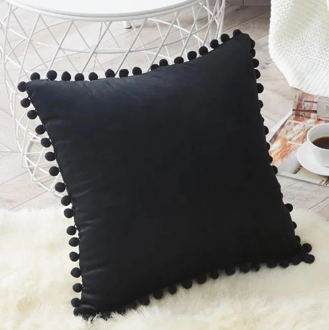 Luxury Velvet Decorative Pillow Cover with Pom Pom Trim - Soft Cushion Case